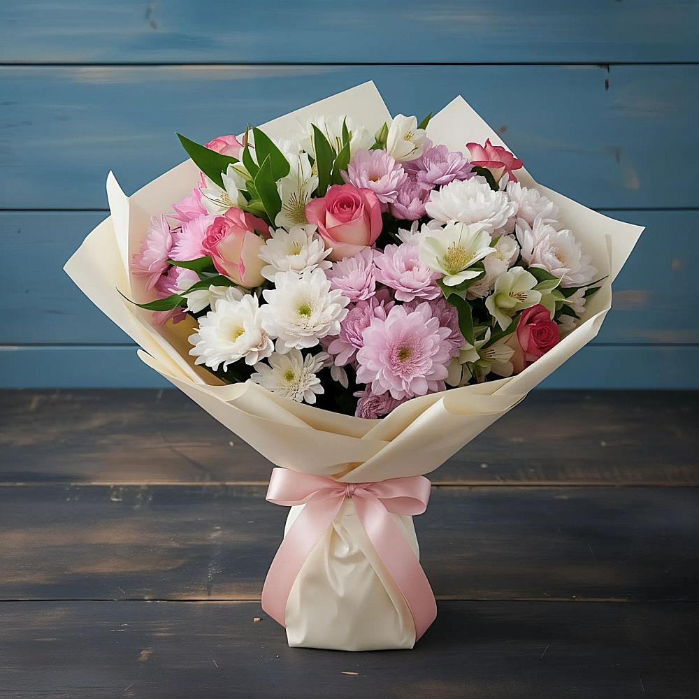 Букет цветов из: Хризантемы, Альстромерии и Розы в Краснослободске Волгоградской области